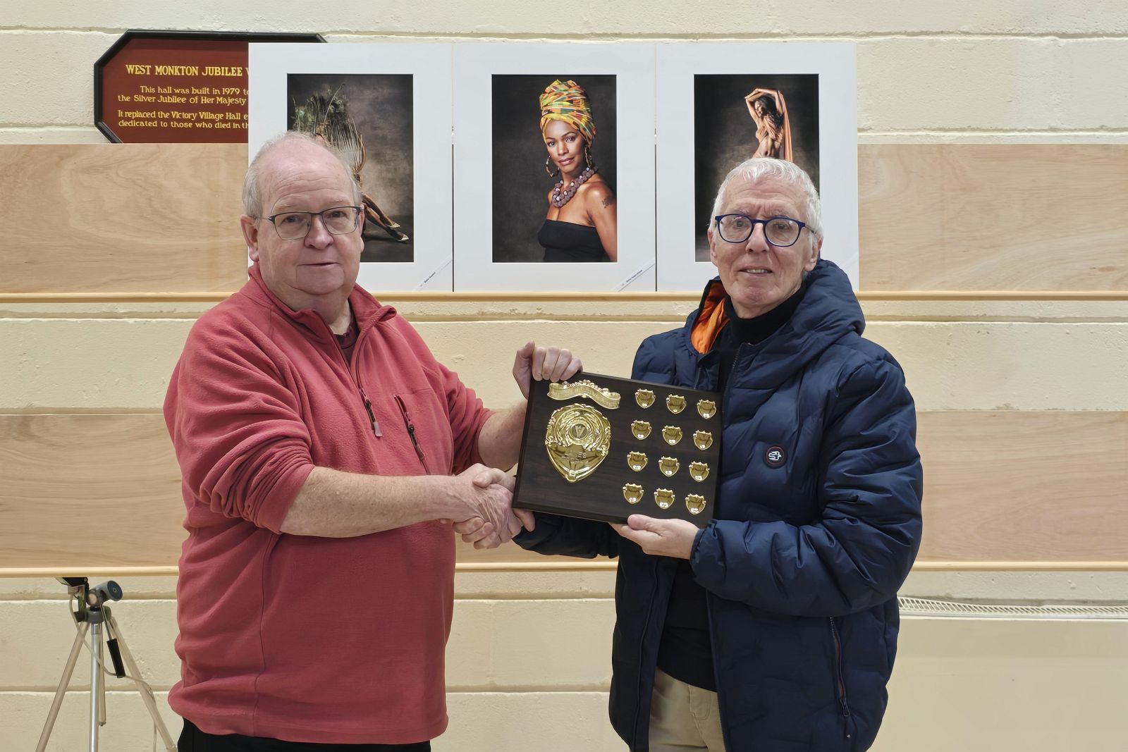 Photograph of Adie Ray, our Chairman, receiving the Lanes Trophy from the judge, Gareth Martin